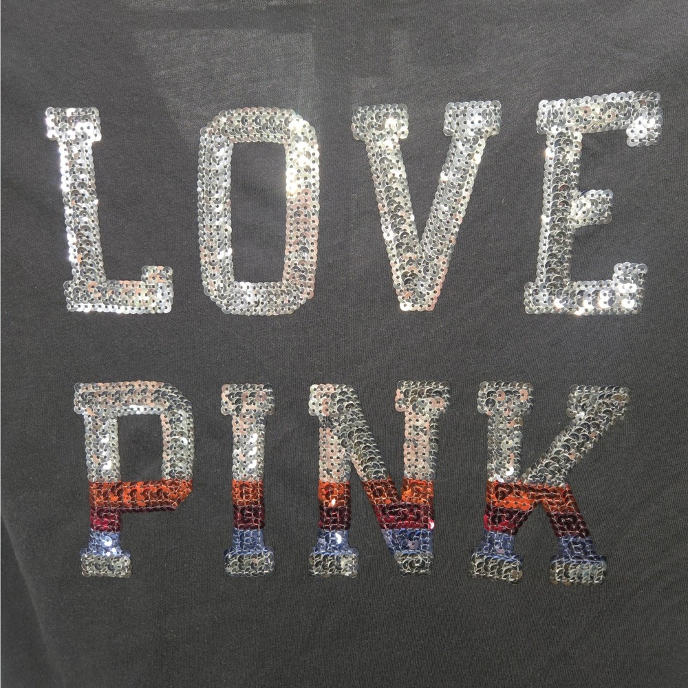 Victoria's Secret Ombre PINK Black V Neck Sequin Logo TShirt XS SS Bling Graphic